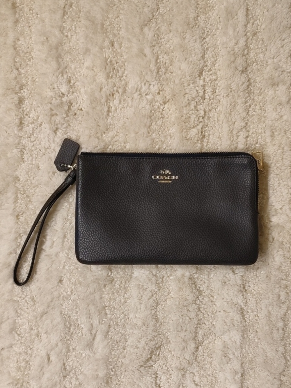 Coach Black Pebbled Leather Zip Wristlet with Logo